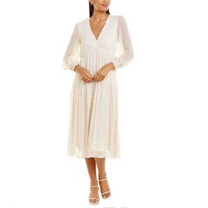 Maison Tara Size 16 Ivory Pink Clip Dot Midi Dress Long Sleeve V Neck Cottage